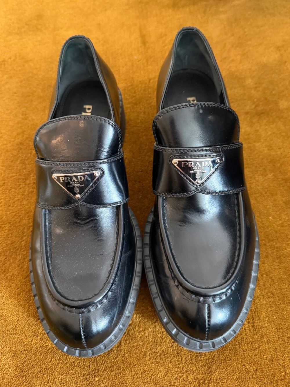 Prada Black Leather Logo Loafers – Size 40